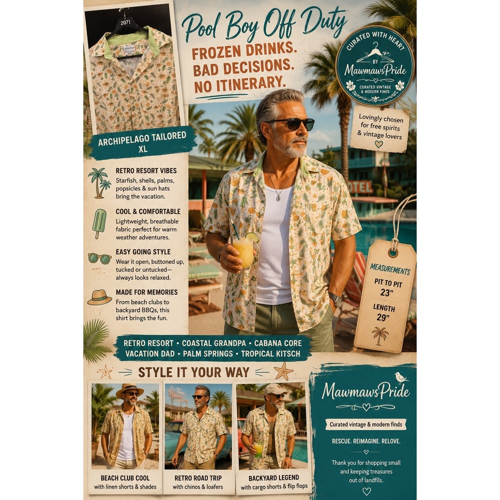 🌴 POOL BOY OFF DUTY — Archipelago Retro Resort Novelty Shirt XL retro vibes